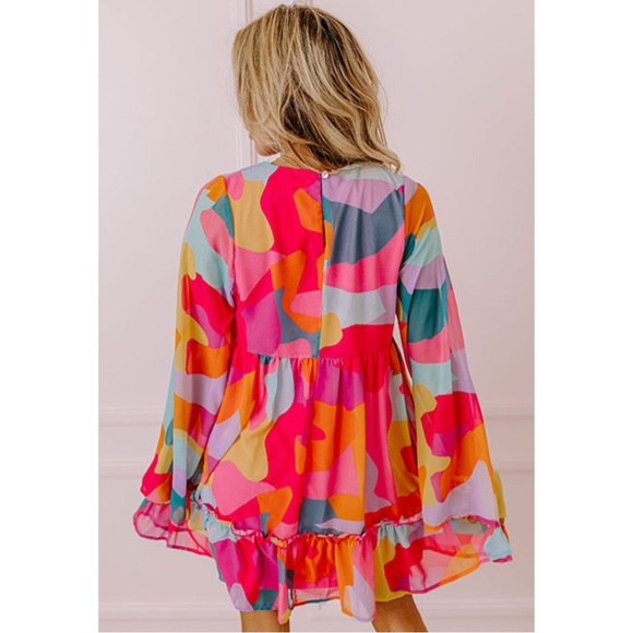 Colorful Abstract Belle Sleeve Short Dress - Picture 3 of 6